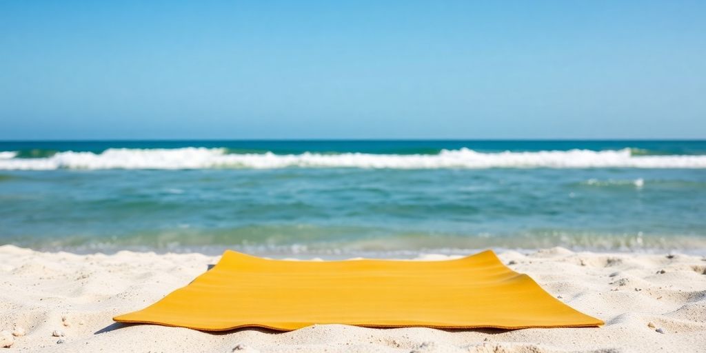 Light yoga mat on a beach with waves and sand.