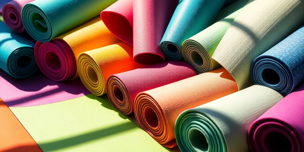 Colorful yoga mats displayed in natural light.