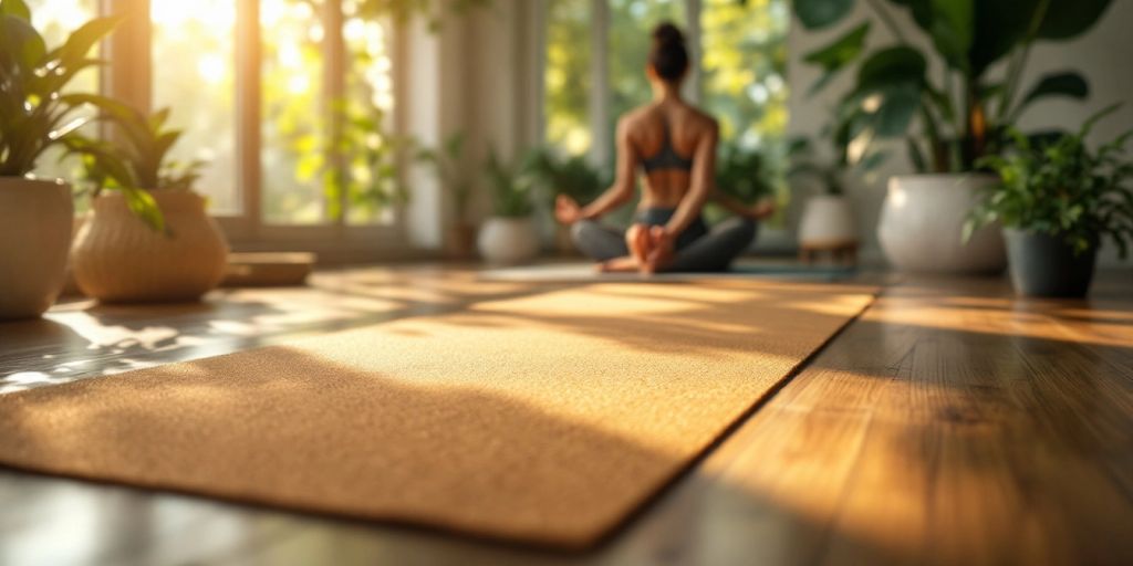 Cork yoga mat in a bright, serene yoga studio.