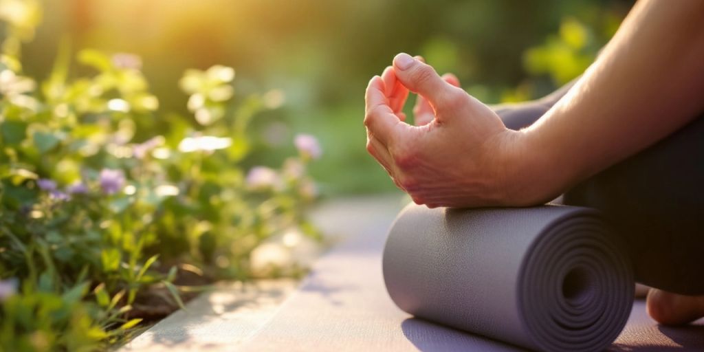 Person practicing yoga on a Prana Eco Yoga Mat outdoors.