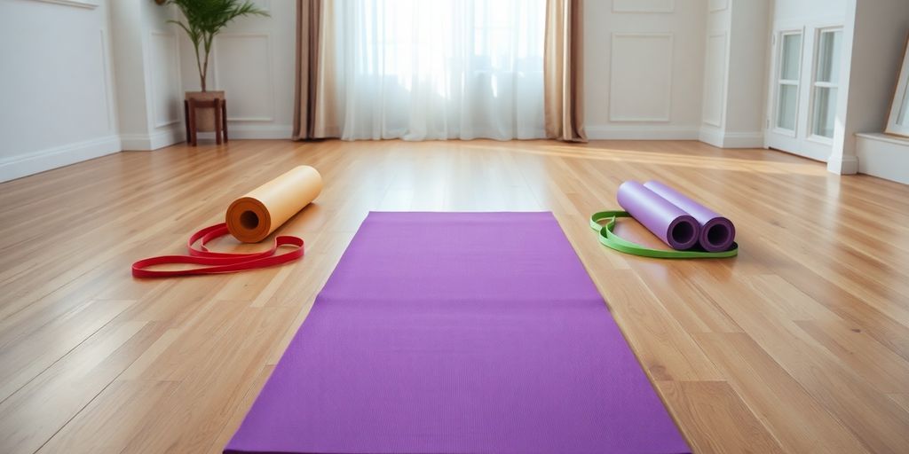 Colorful yoga mat and stretching props on wooden floor.