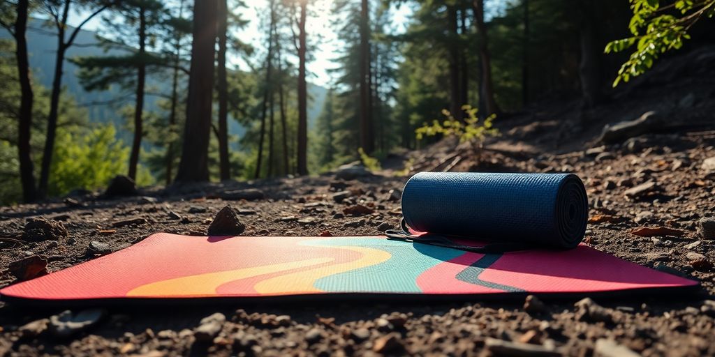 Colorful travel workout mat in a scenic outdoor setting.