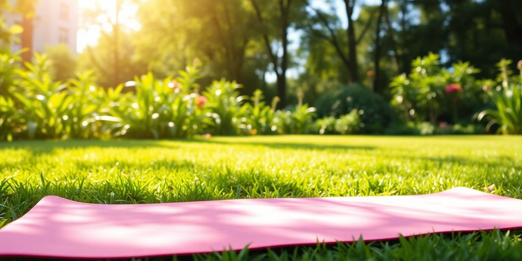 Colorful yoga mat in a peaceful outdoor setting.