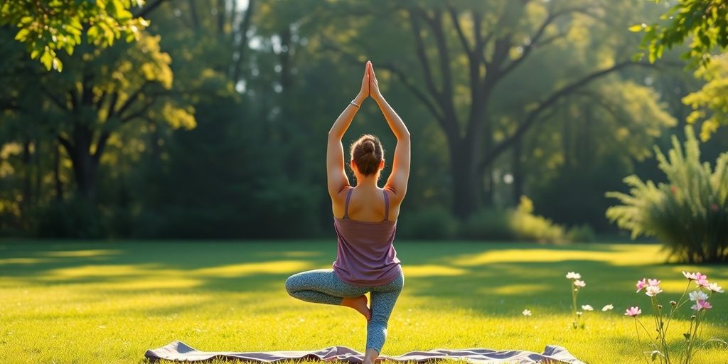 Woman practicing yoga outdoors in a peaceful morning setting.