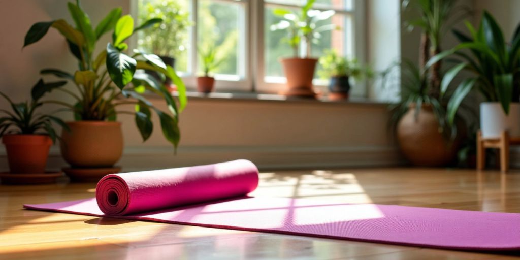 Colorful yoga mat on wooden floor with plants.