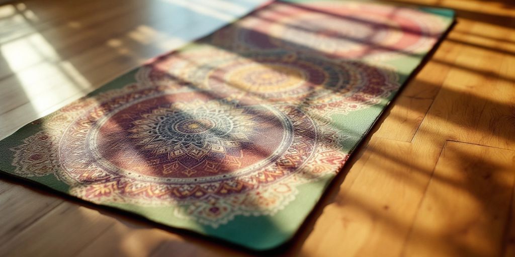 Colorful patterned yoga mat on a wooden floor.