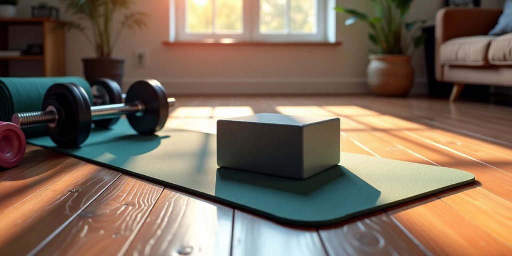 Non-slip workout mat in a bright home gym setting.