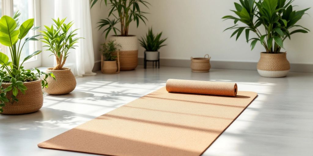 Eco-friendly cork yoga mat in a peaceful setting.