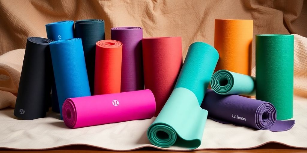 Colorful Lululemon yoga mats displayed on a soft surface.