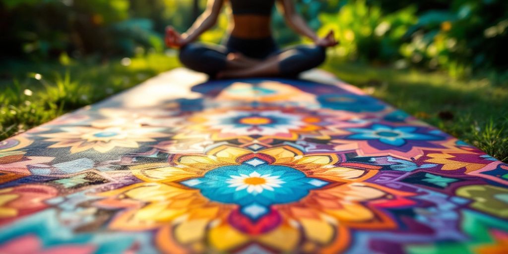 Colorful custom yoga mat in a serene outdoor setting.