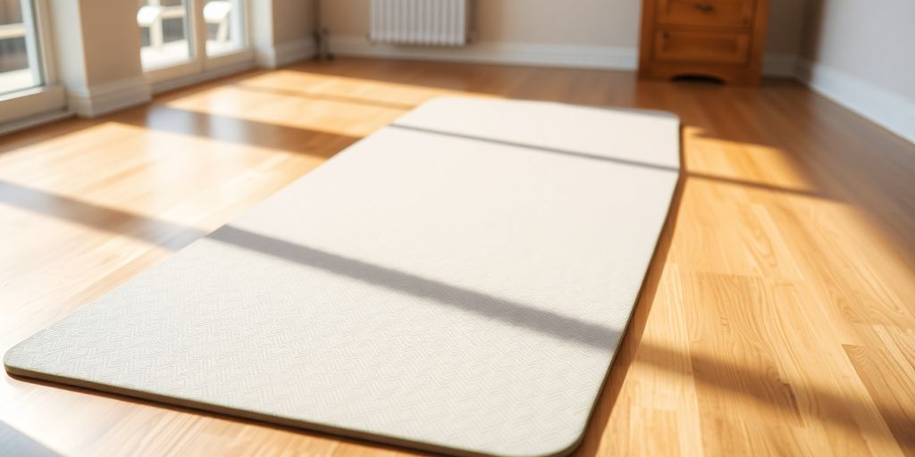 Non-slip Pilates mat on a wooden floor in sunlight.