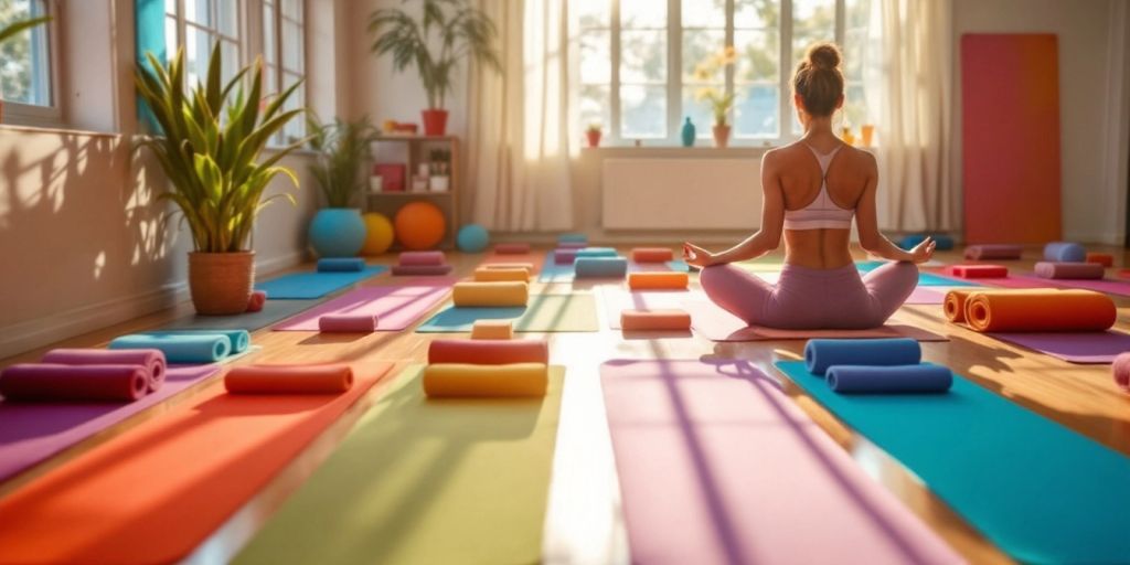 Yoga mats in a bright studio with a practitioner.