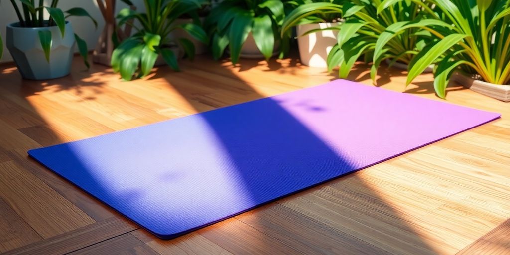 Colorful sticky yoga mat on a wooden floor.