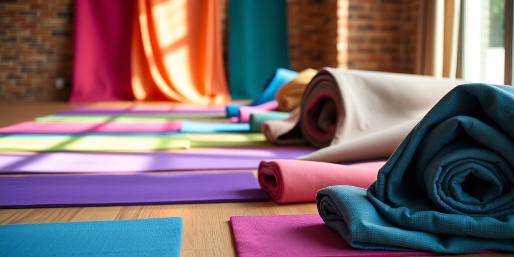 Colorful yoga mats arranged on a studio floor.