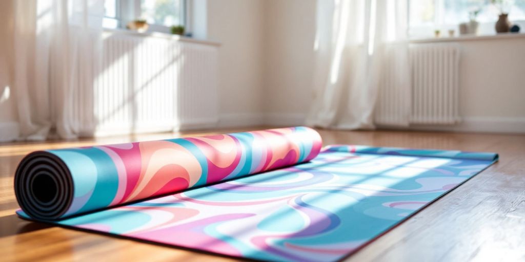 Colorful Lululemon Pilates mat in a bright studio.