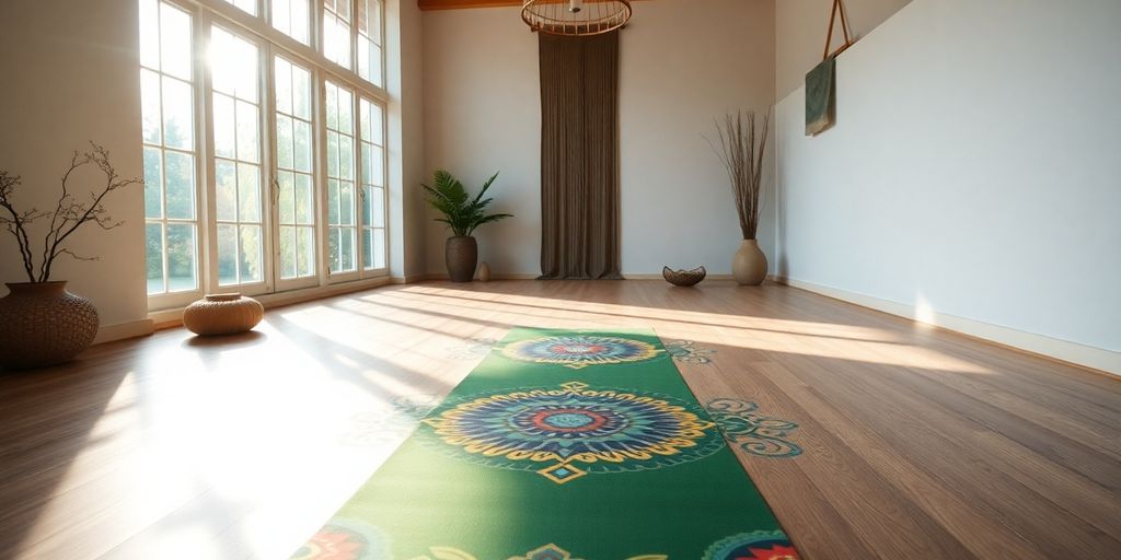 Beautiful yoga mat in a serene yoga studio.