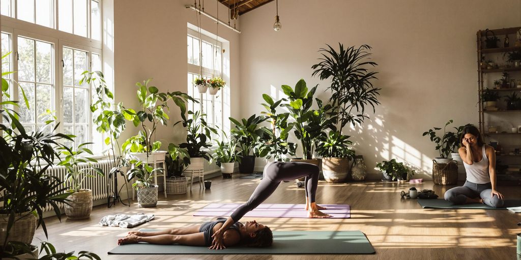 Beginner practicing yoga poses in a serene studio.