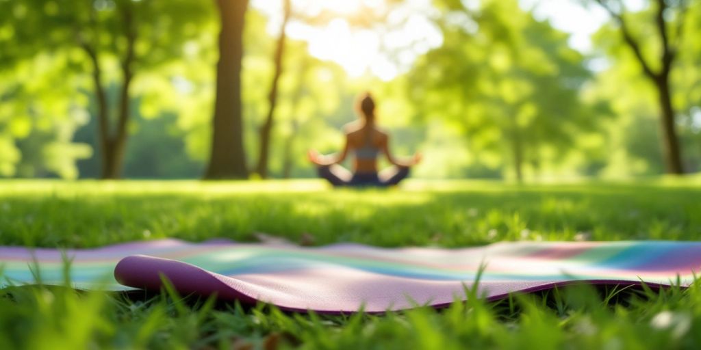 Colorful yoga mat on grass in a natural setting.