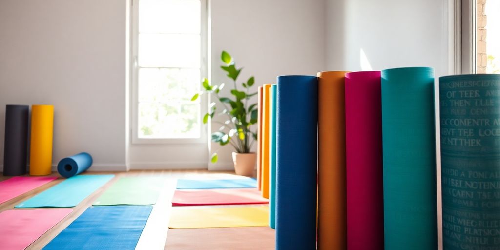 Colorful yoga mats arranged in a serene indoor space.