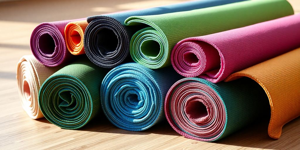 Colorful yoga mats rolled on a wooden floor.