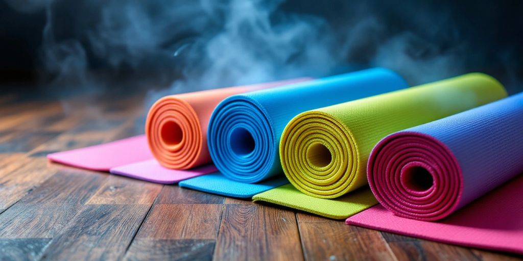 Colorful yoga mats for hot yoga on a wooden floor.