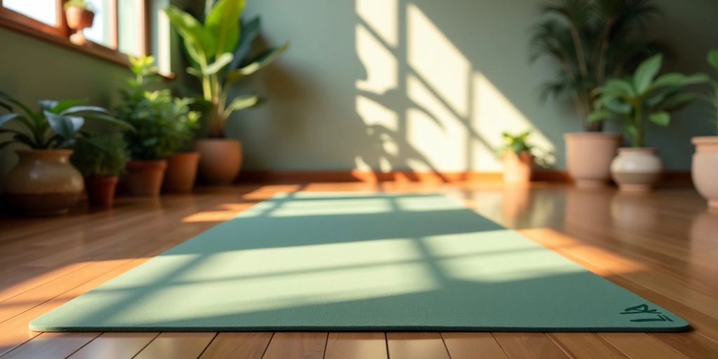 Jade fusion mat on wooden floor with plants.