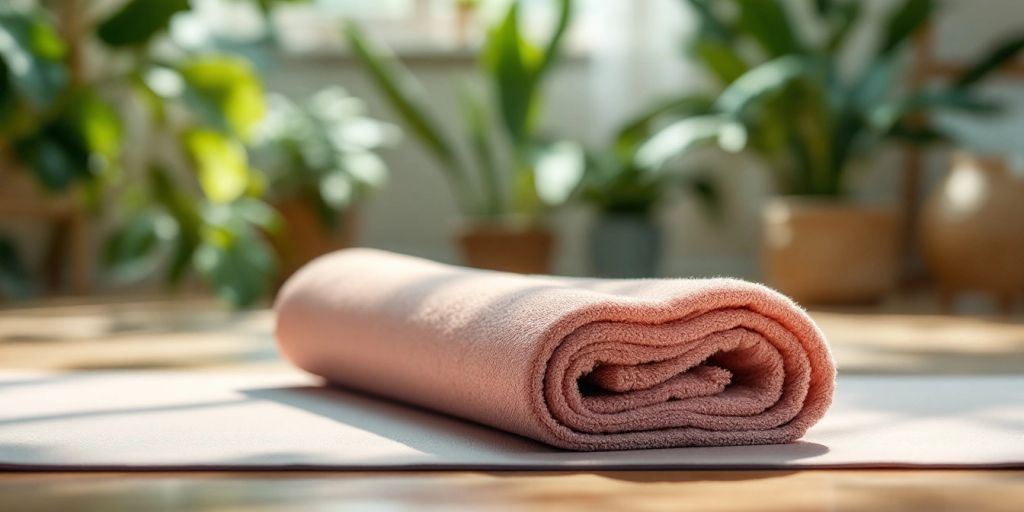 Colorful yoga towel on a mat in a studio.