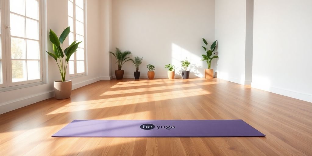 Yoga mat in a bright, peaceful studio setting.