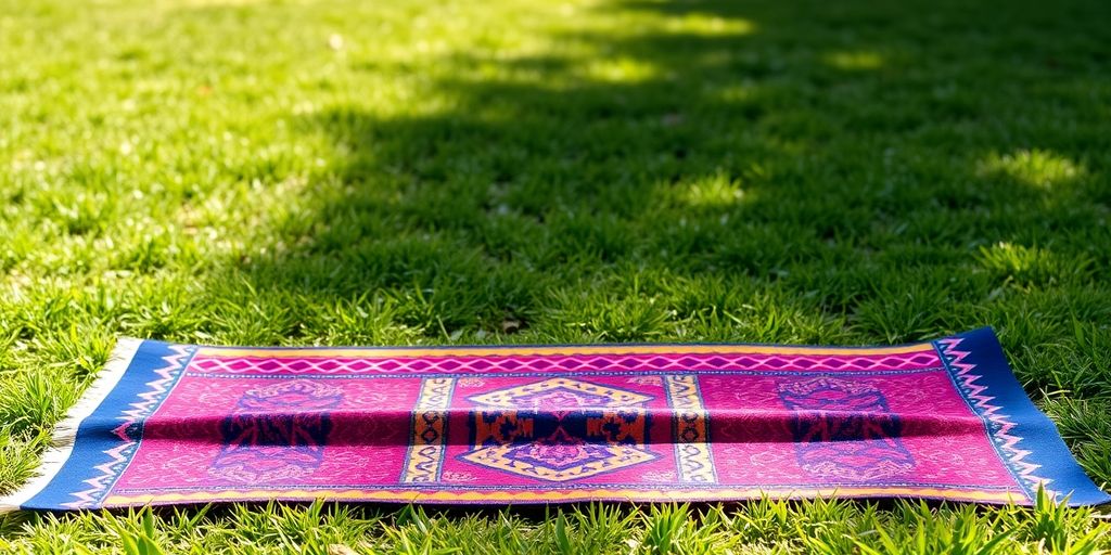 Colorful Pendleton yoga mat on green grass outdoors.