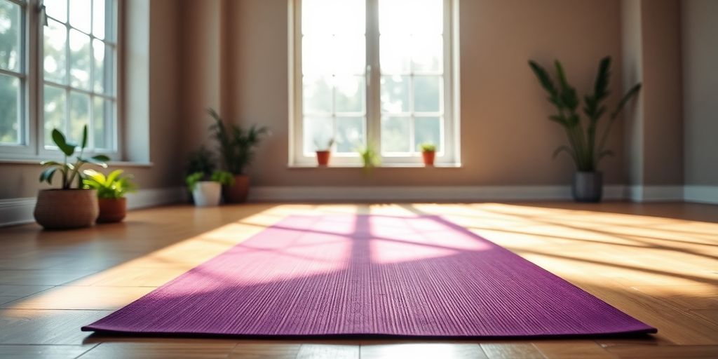 A colorful yoga mat on a sunlit studio floor.