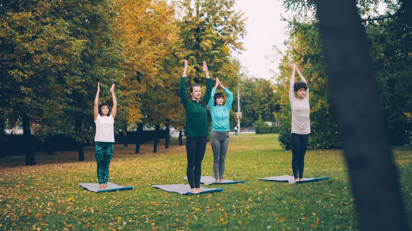People practicing yoga in a park during autumn