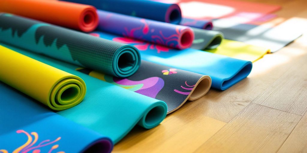 Colorful yoga mats arranged on a wooden floor.