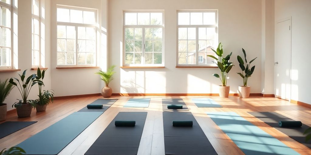 Interior of a calming yoga studio with yoga mats.