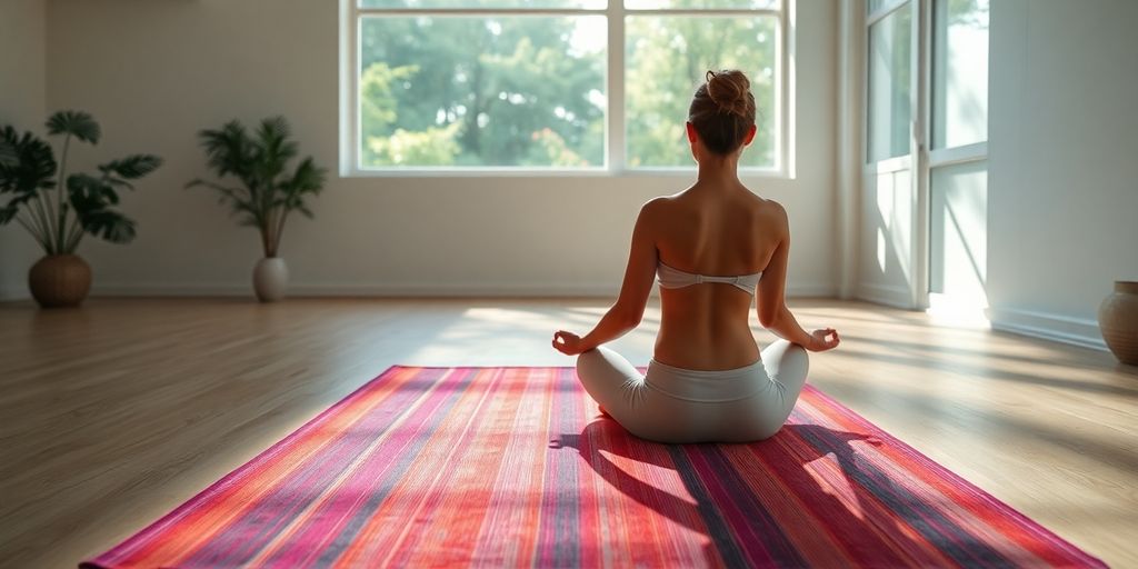 A person meditating on a colorful Lululemon yoga mat.