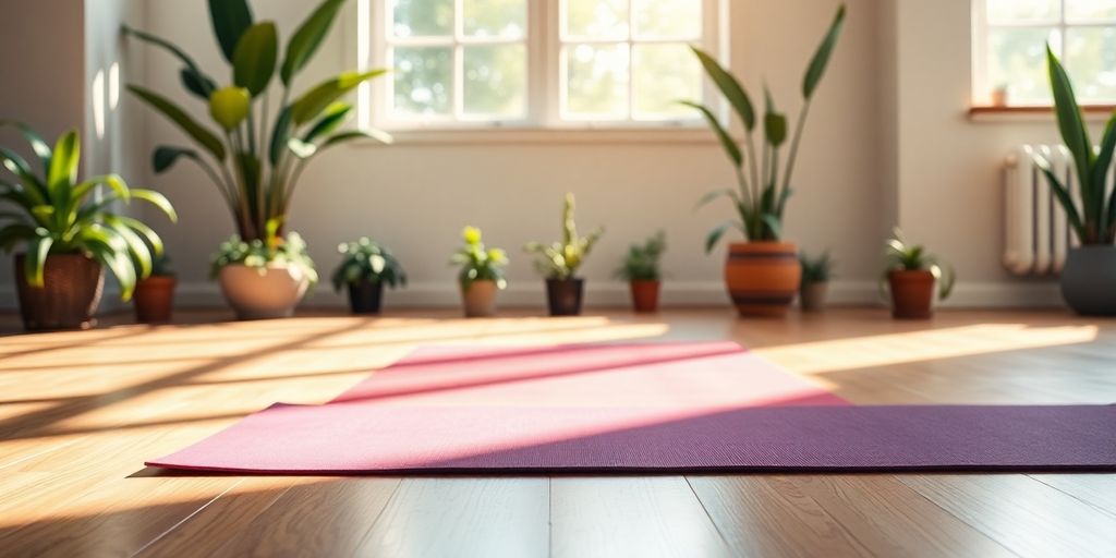 Colorful Lululemon yoga mat on a sunlit floor.