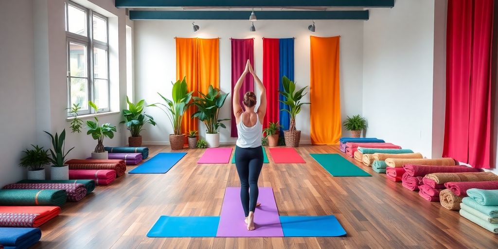 Person practicing yoga on a colorful mat in studio.