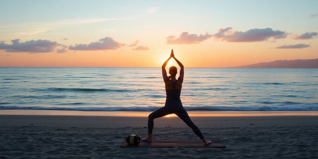 Person practicing yoga on a beach at sunrise.