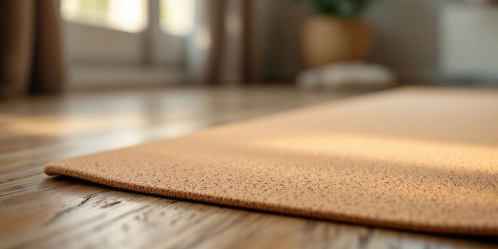 Close-up of a cork yoga mat on a floor.