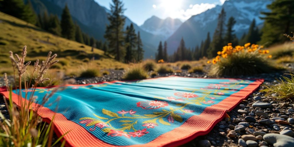 Colorful travel mat in a beautiful outdoor setting.