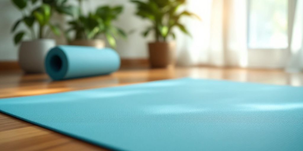 A clean yoga mat on a wooden floor with plants.