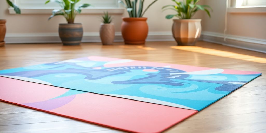 Colorful hot yoga mat on a wooden floor.