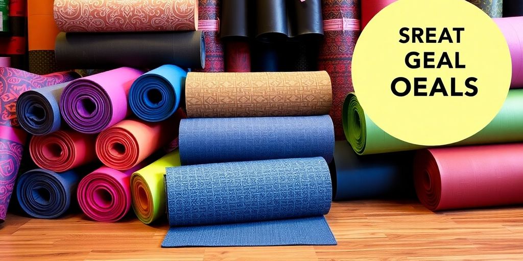 Colorful yoga mats arranged on a wooden floor.