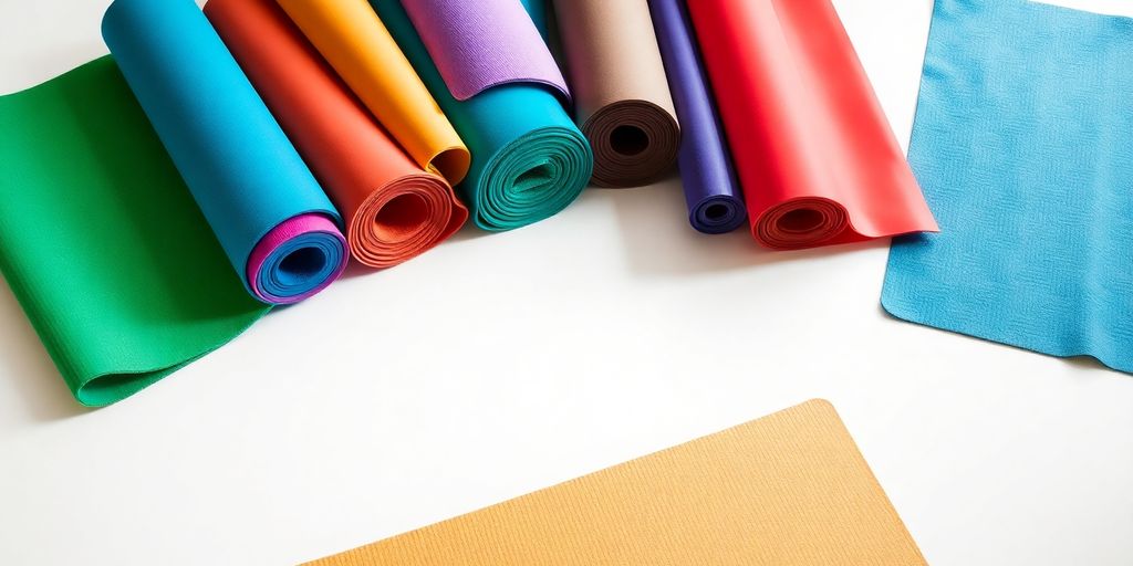 Various colorful exercise mats arranged on a clean surface.