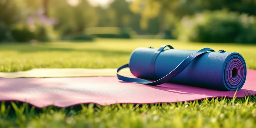 Yoga mat and bag in a serene outdoor setting.