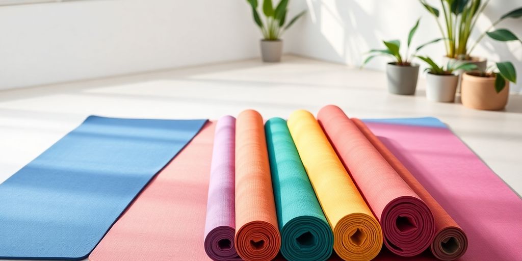 Colorful yoga anti-slip mats arranged in a peaceful setting.