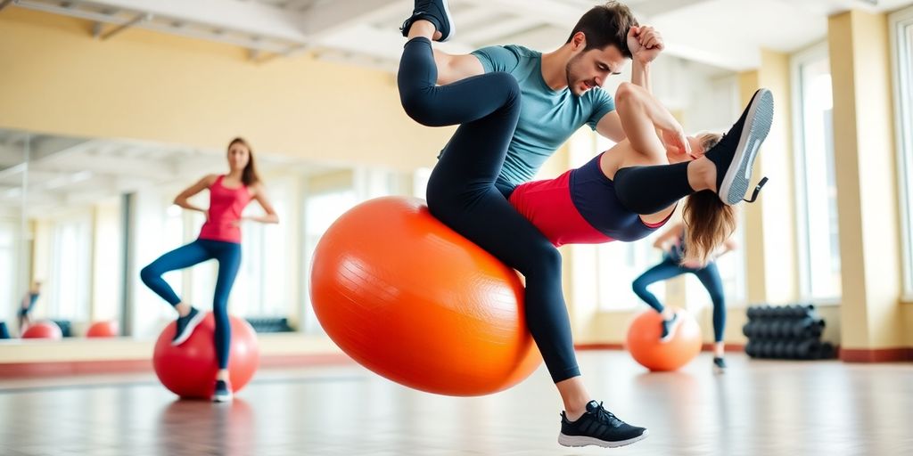 Person exercising on a vibrant fitness ball in gym.