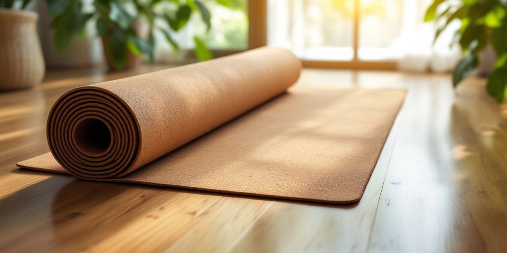 Large cork yoga mat on a wooden floor with greenery.