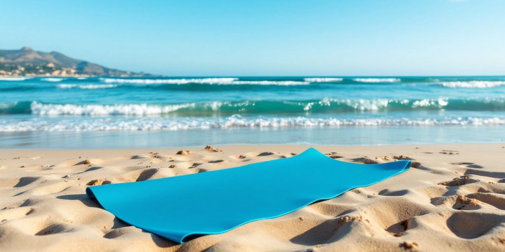 Person practicing yoga on a light mat at the beach.