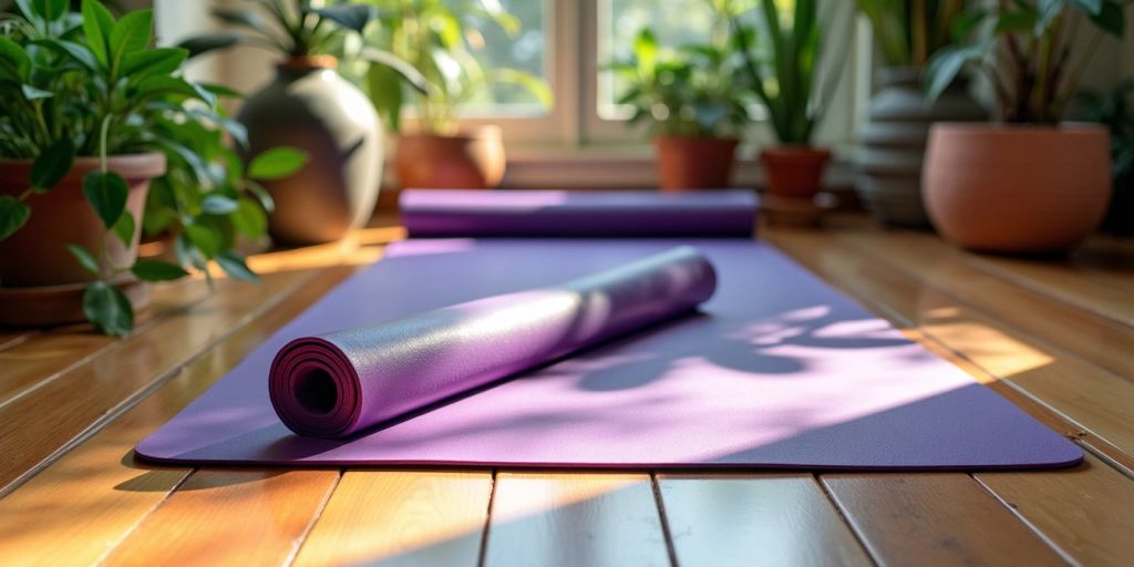 Colorful yoga pad on wooden floor with plants.