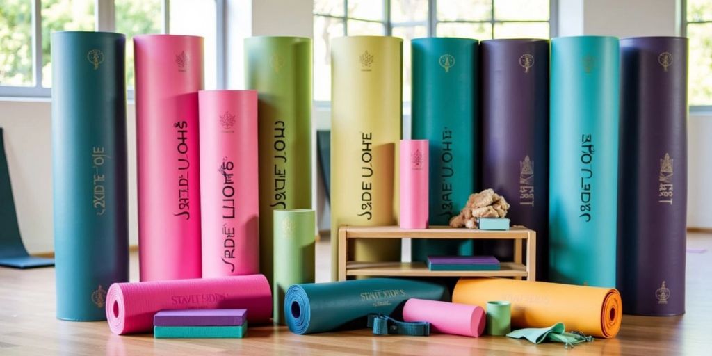 Colorful Jade Yoga mats and accessories in a studio.